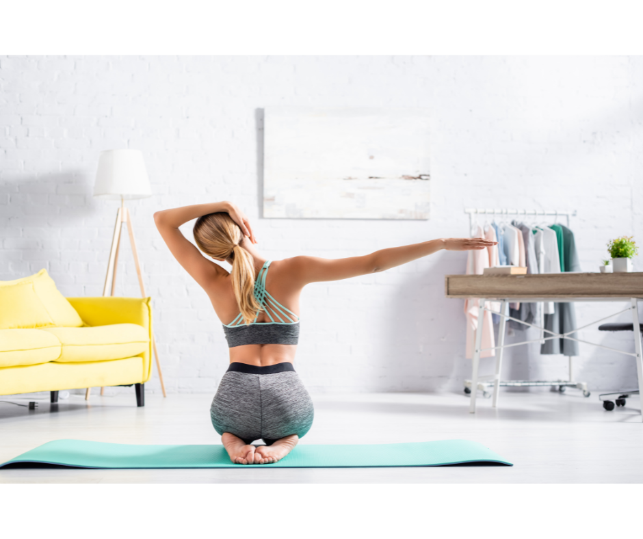 woman in clean living room doing lateral flexion neck stretch
