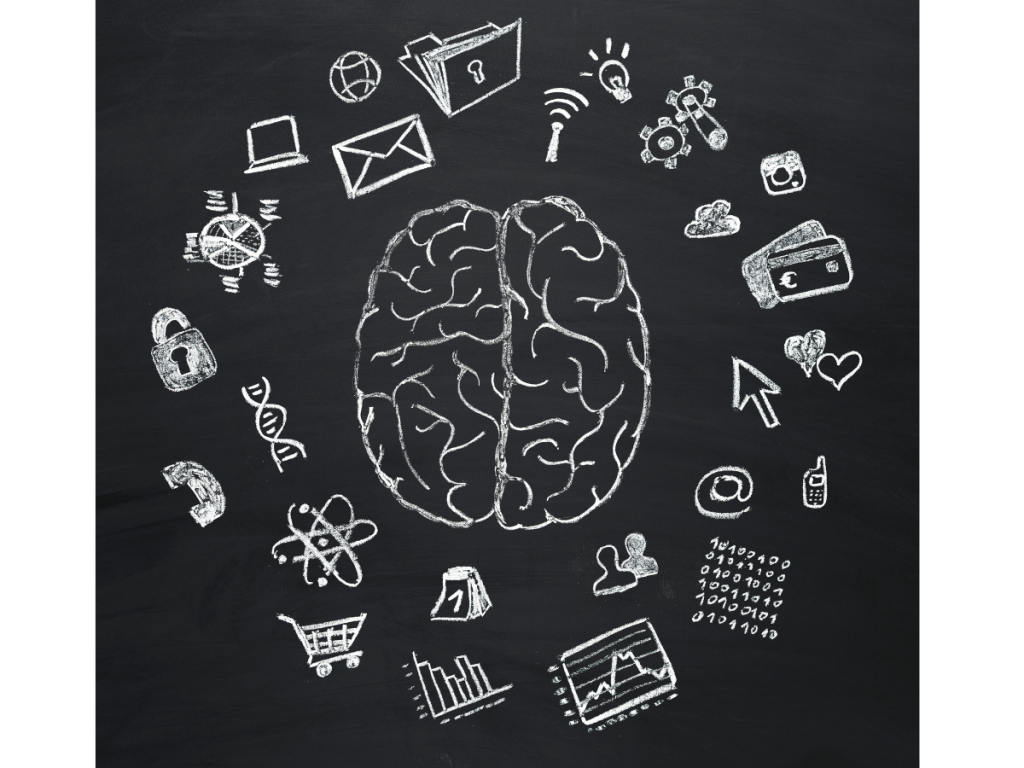 A white chalk drawing on a black background of the brain in the center and all the things going on represented with symbols around the brain. ID how to decrease symptoms of stress.