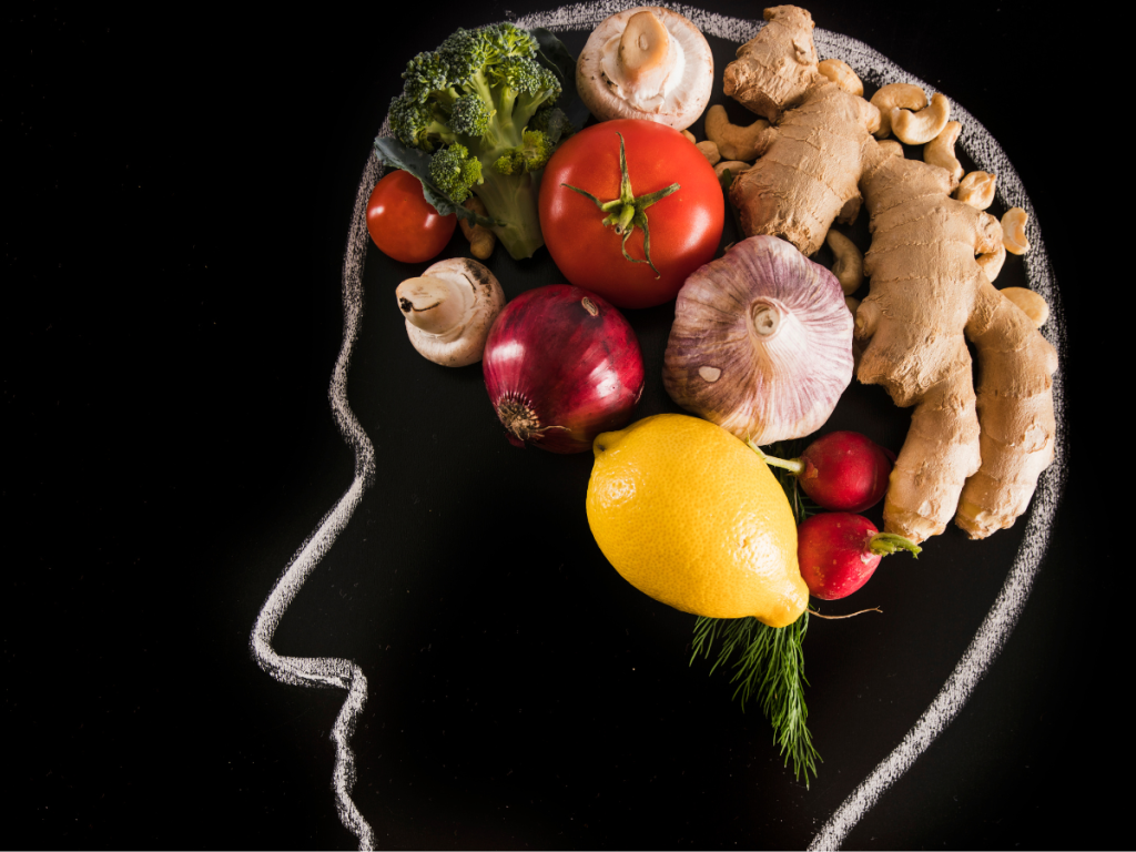 Brain filled with whole foods to show how nutrition can help you to learn how to decrease symptoms of stress