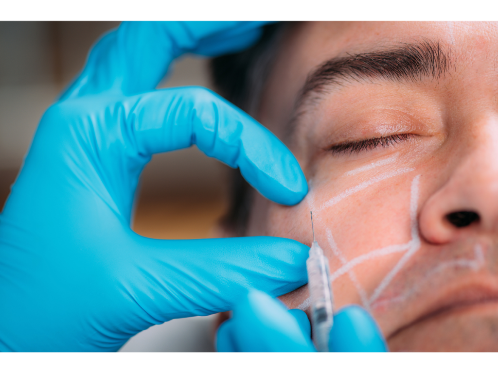 Male patient receiving dermal fillers via needle for Best Anti-Aging Treatments and Products for 30s