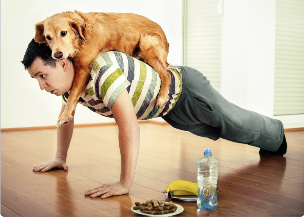 A man planking with a dog on his back. Gentle exercises can help strengthen the extensor muscles and help to decrease the pain from cervical facet syndrome.