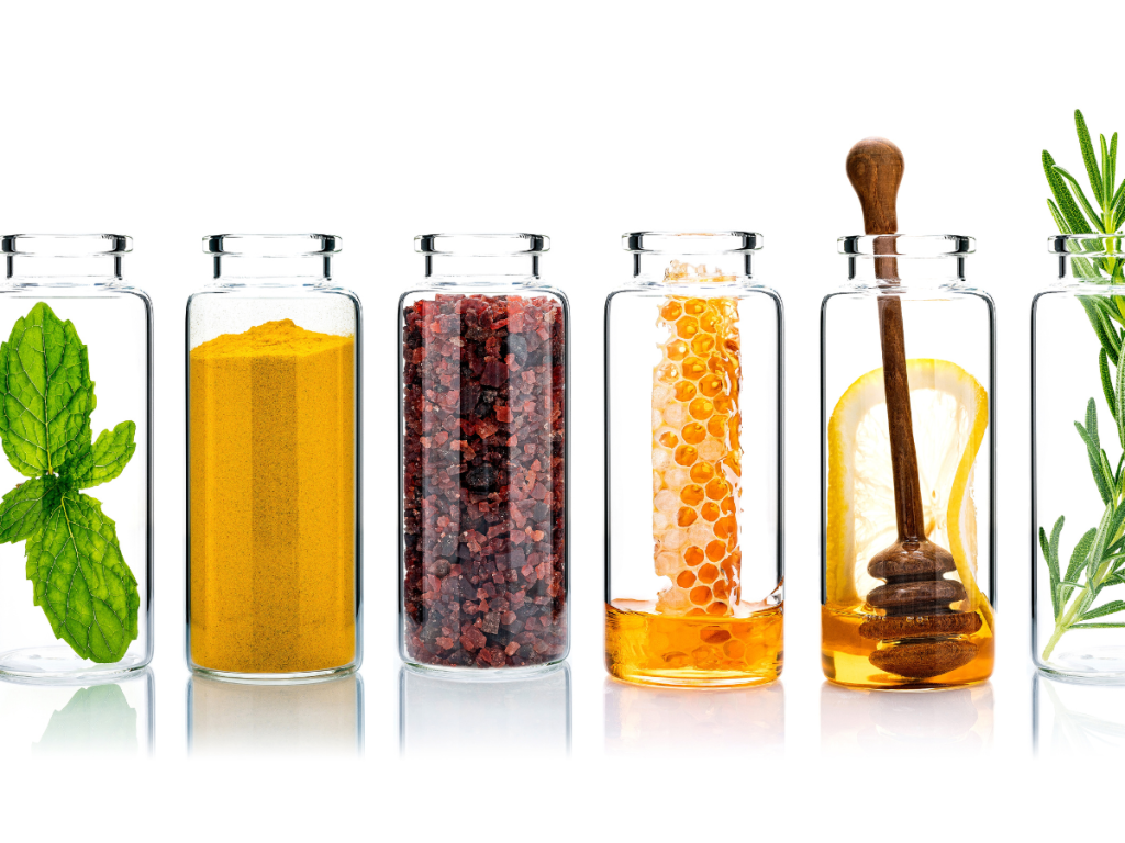 Clear jars of skin care ingredients for Best Anti-Aging Treatments and Products for 30s