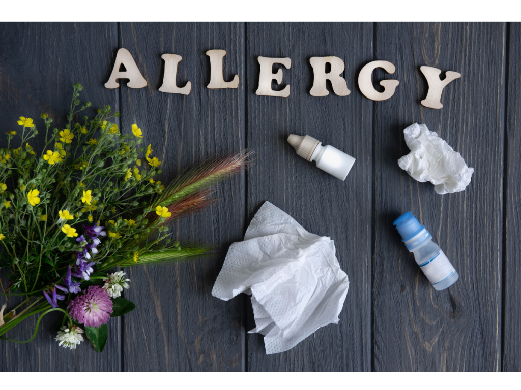 Flowers, kleenex, eyedrops, and the word allergy in wood 3d letters. How can elderberry help with allergies is discussed here.