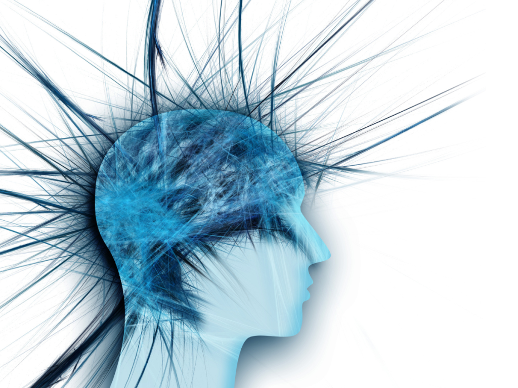 Picture of blue spikes coming out of the brain to demonstrate stress as a cause for acid reflux pain.