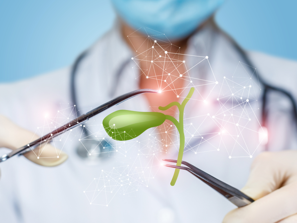 Illustration of green gallbladder held by 2 forceps  