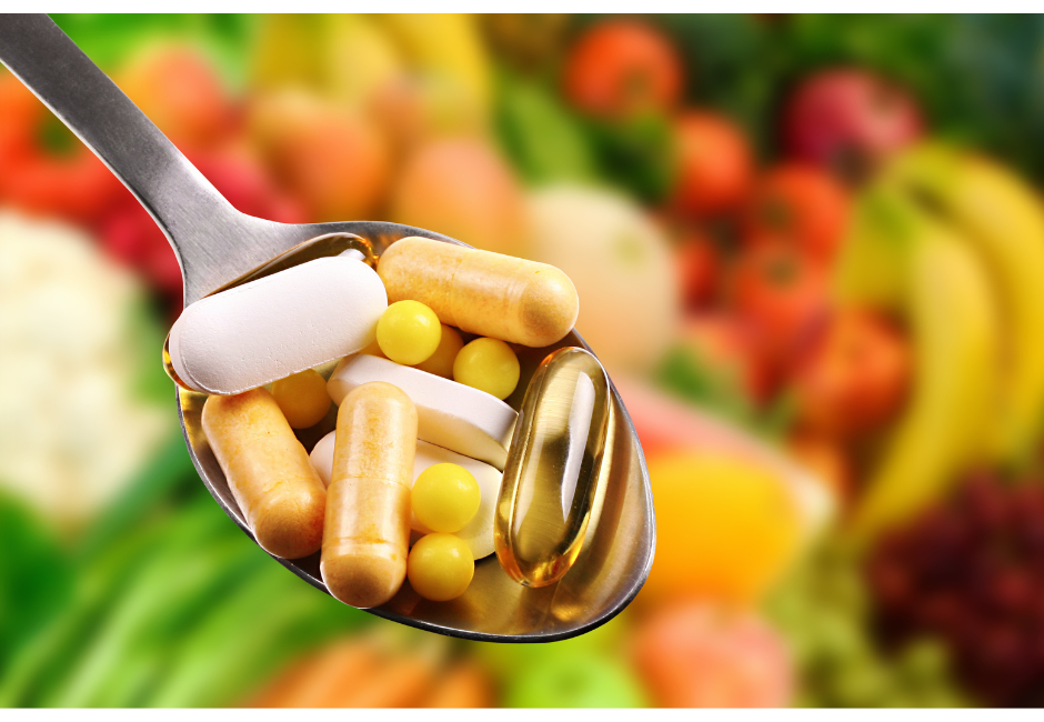 Spoonful of supplements with whole foods in the background as a way to keep your brain and nervous system healthy